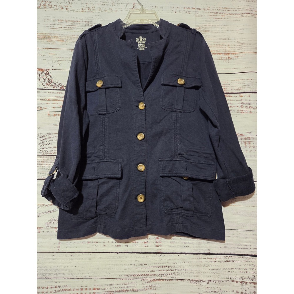 Izod Womens Navy Blue Cotton Utility Jacket Military Roll Tab Sleeve XL
